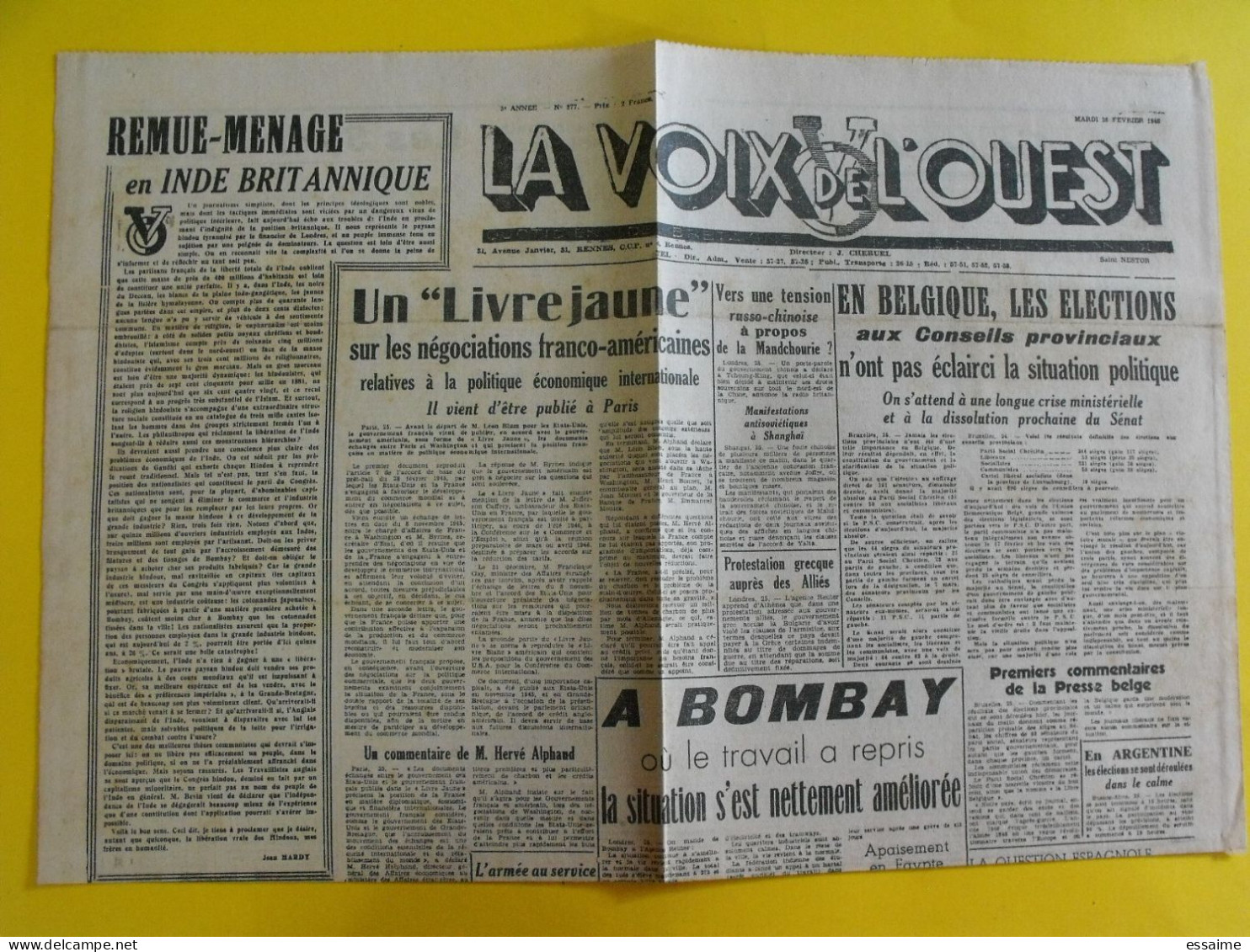 Journal La Voix De L'Ouest N° 377 Du 26 Février 1946. Bombay Inde Nuremberg Ribbentrop - Andere & Zonder Classificatie