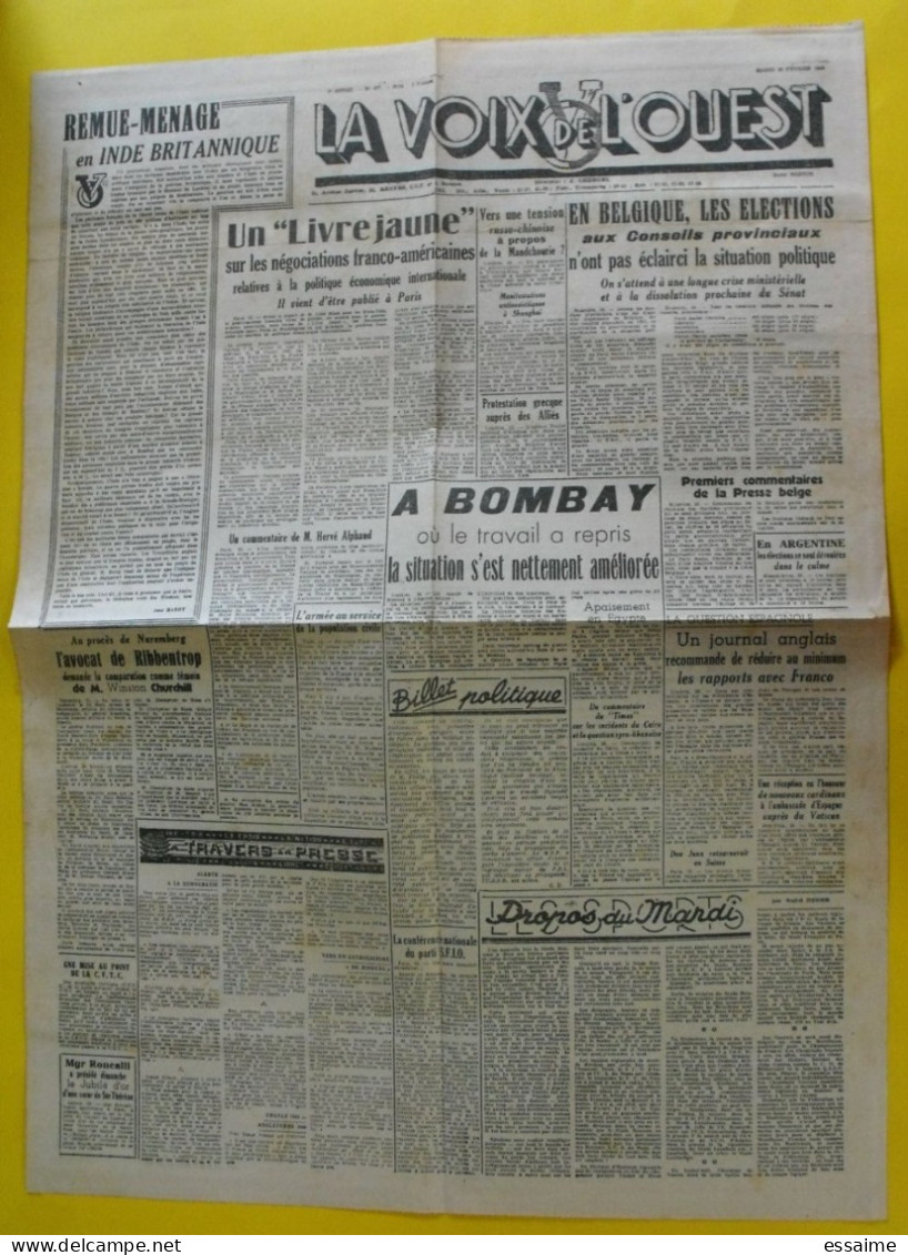 Journal La Voix De L'Ouest N° 377 Du 26 Février 1946. Bombay Inde Nuremberg Ribbentrop - Other & Unclassified