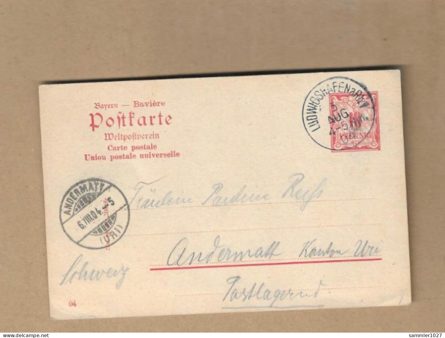 Los Vom 09.05  Ganzsache-Postkarte Aus Ludwigshafen Nach Andermatt  1904 - Brieven En Documenten