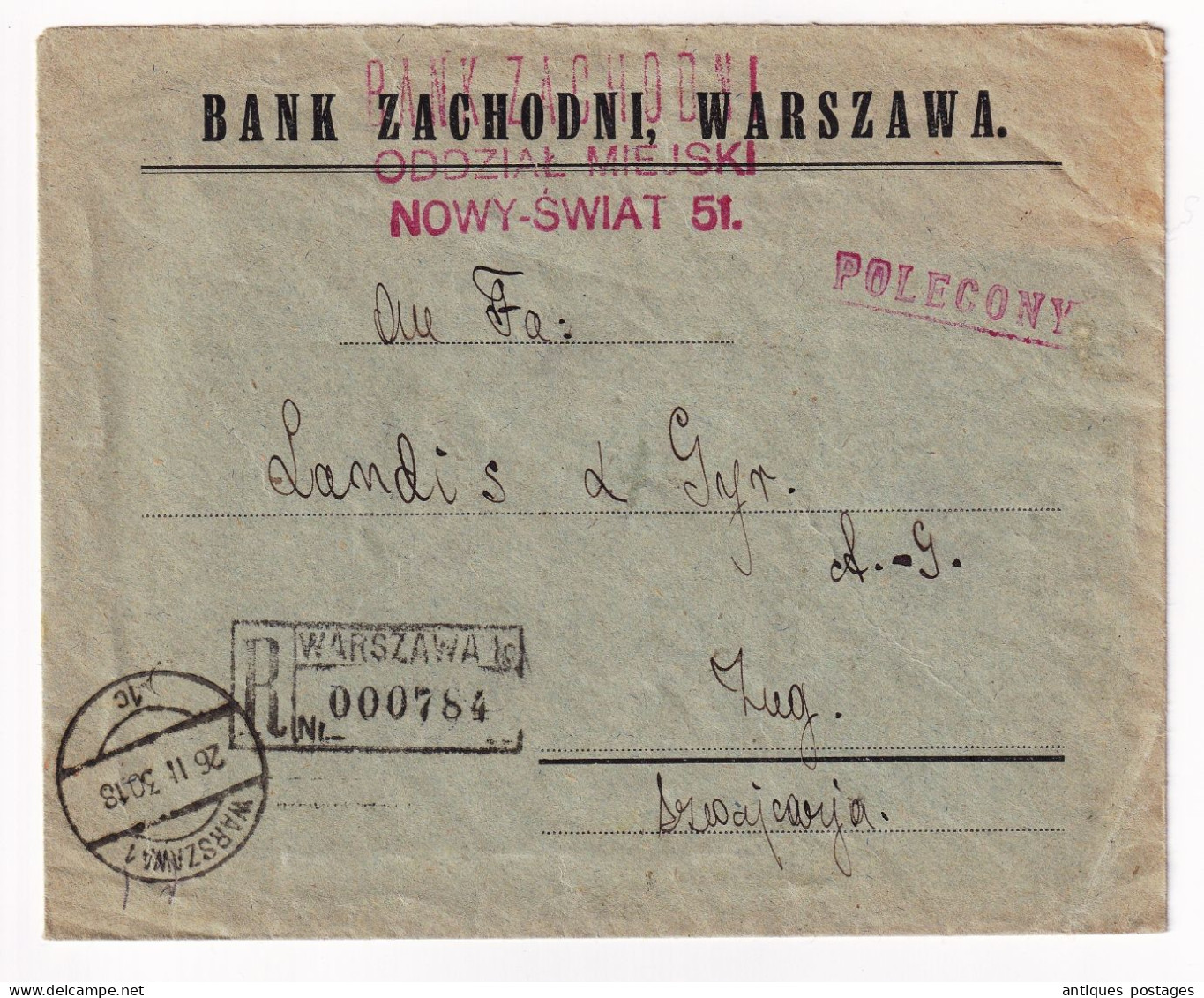 Lettre 1930 Pologne Poland Varsovie Warszawa  Bank Zachodni Zug Zoug Suisse Banque Finance Polska - Cartas & Documentos