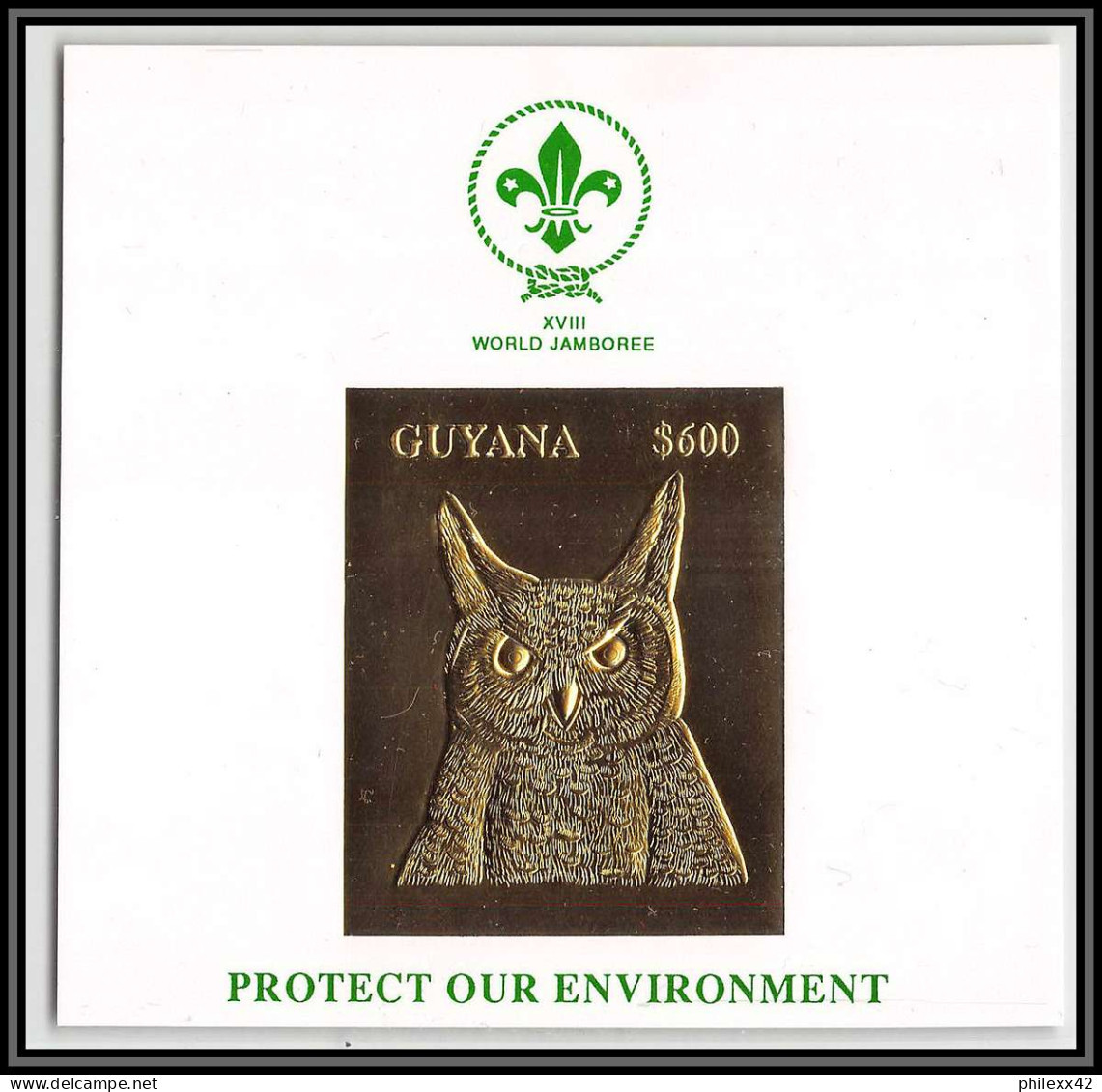 86201 Guyana Mi 4132 OR Gold ** MNH Chouette Owl Scouts 1993 World Jamboree Protect Our Environment Tirage Numéroté - Guiana (1966-...)