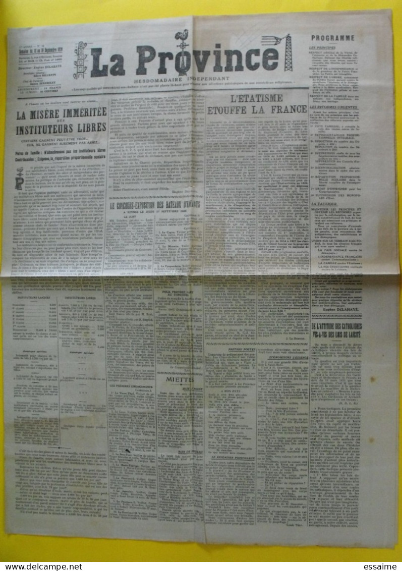 Journal La Province N° 16 Du 13-19 Septembre 1928. Instituteurs Libres Bretagne - Other & Unclassified