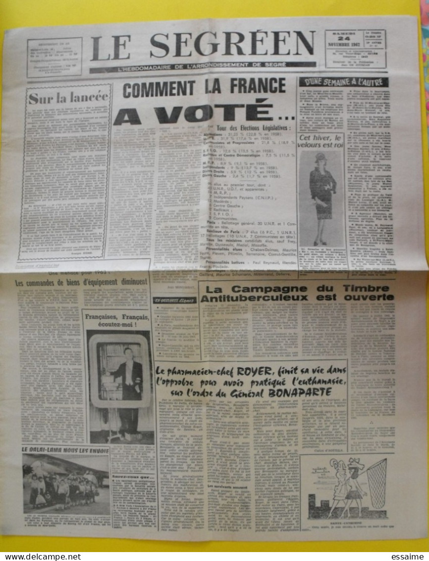 Hebdo Le Segréen N° 47 Du 24 Novembre 1962. Segré Riond Dalai-Lama Candé Pouancé Lacombe - Sonstige & Ohne Zuordnung