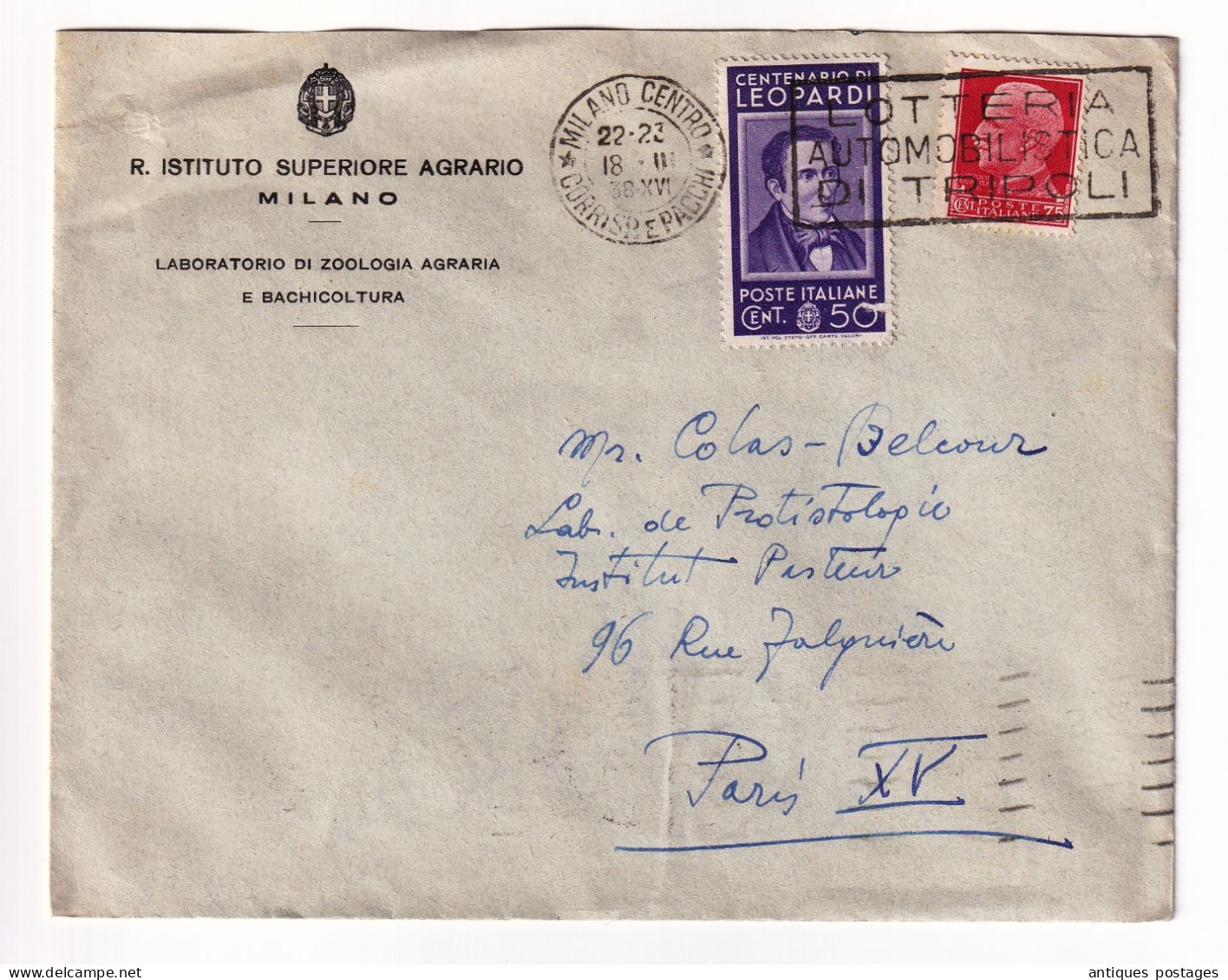 Lettre Italie Milano Instituto Superiore Agrario 1938 LOTTERIA AUTOMOBILISTICA DI TRIPOLI Libia Leopardi - Gebraucht