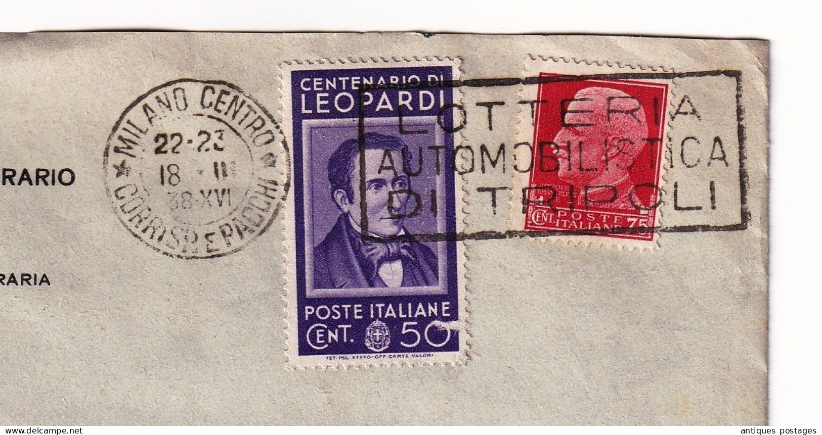 Lettre Italie Milano Instituto Superiore Agrario 1938 LOTTERIA AUTOMOBILISTICA DI TRIPOLI Libia Leopardi - Gebraucht