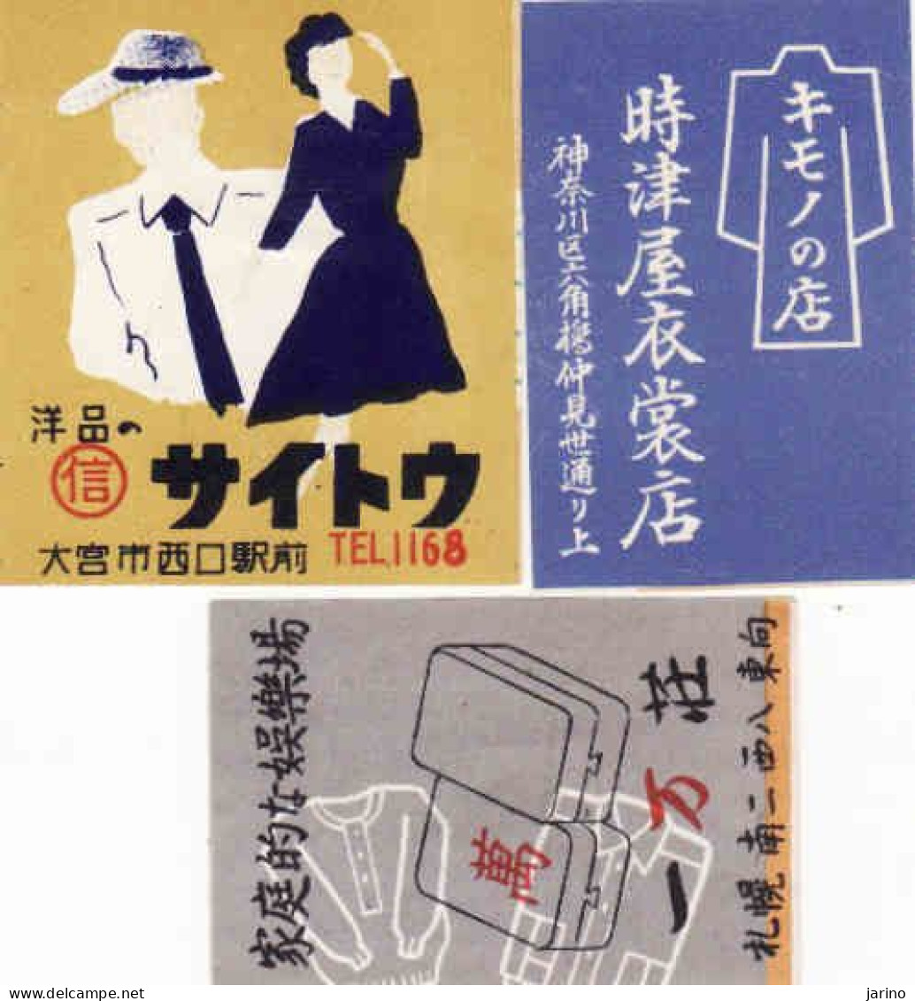 3 X Japan Matchbox Labels, Clothes, Shirts, Dresses, Tie, Hat - Scatole Di Fiammiferi - Etichette