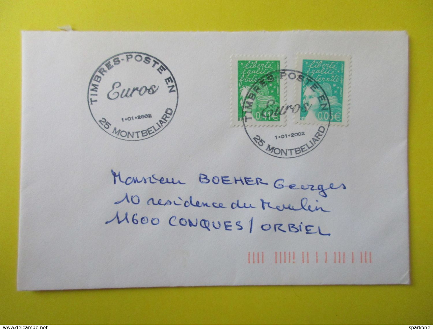 Marcophilie - Enveloppe - France - Cachet Commémoratif - Timbres Poste En €uros - 01 Janvier 2002 - Gedenkstempel