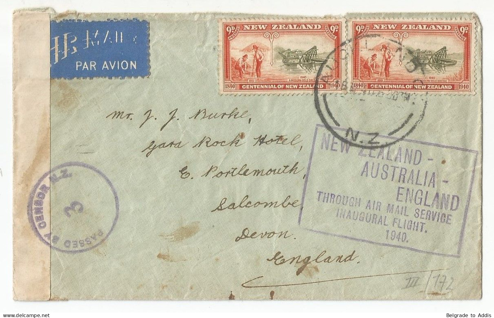 New Zealand Australia England  Inaugural Flight Air Mail Censored Cover 1940 Great Britain - Corréo Aéreo