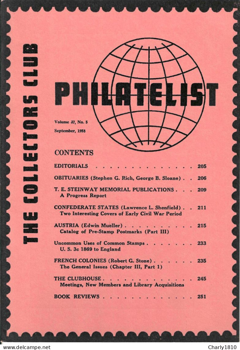 The Collectors Club - Volume 37,  No 5  September 1958 - Philately And Postal History