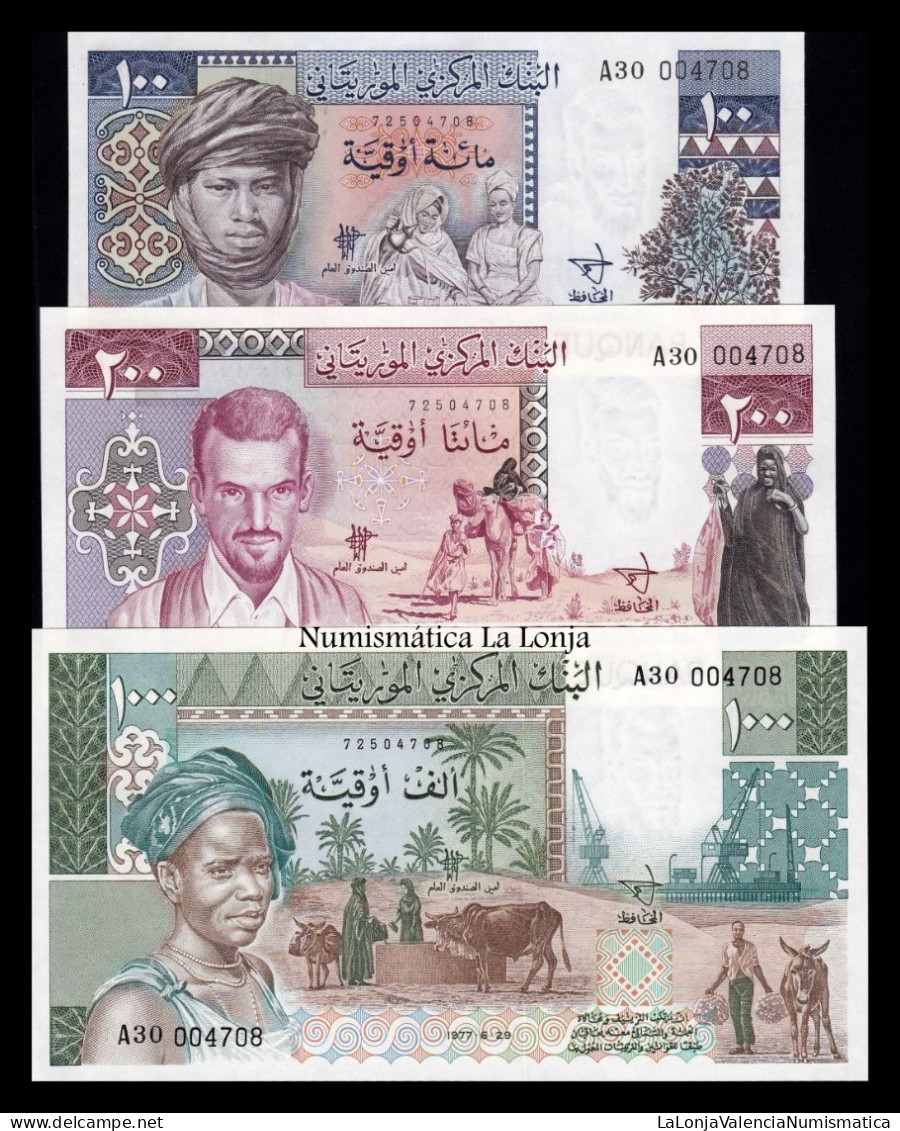 Mauritania Set 3 Banknotes 100 200 1000 Ouguiya 1975-1977 Pick 3A-3C Same Number Sc Unc - Mauritania