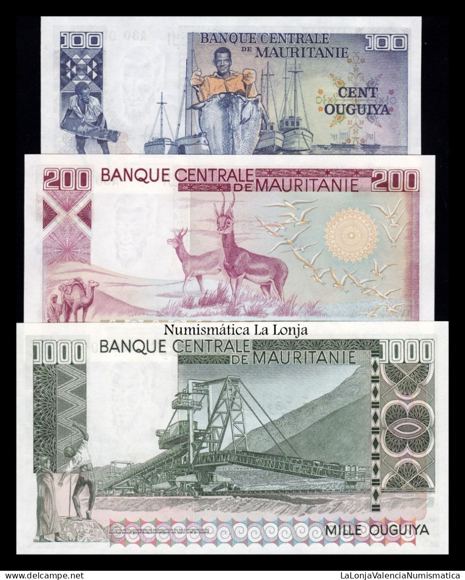 Mauritania Set 3 Banknotes 100 200 1000 Ouguiya 1975-1977 Pick 3A-3C Same Number Sc Unc - Mauritanië