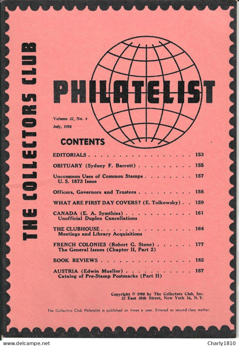 The Collectors Club - Volume 37,  No 4  Juli 1958 - Filatelia E Storia Postale