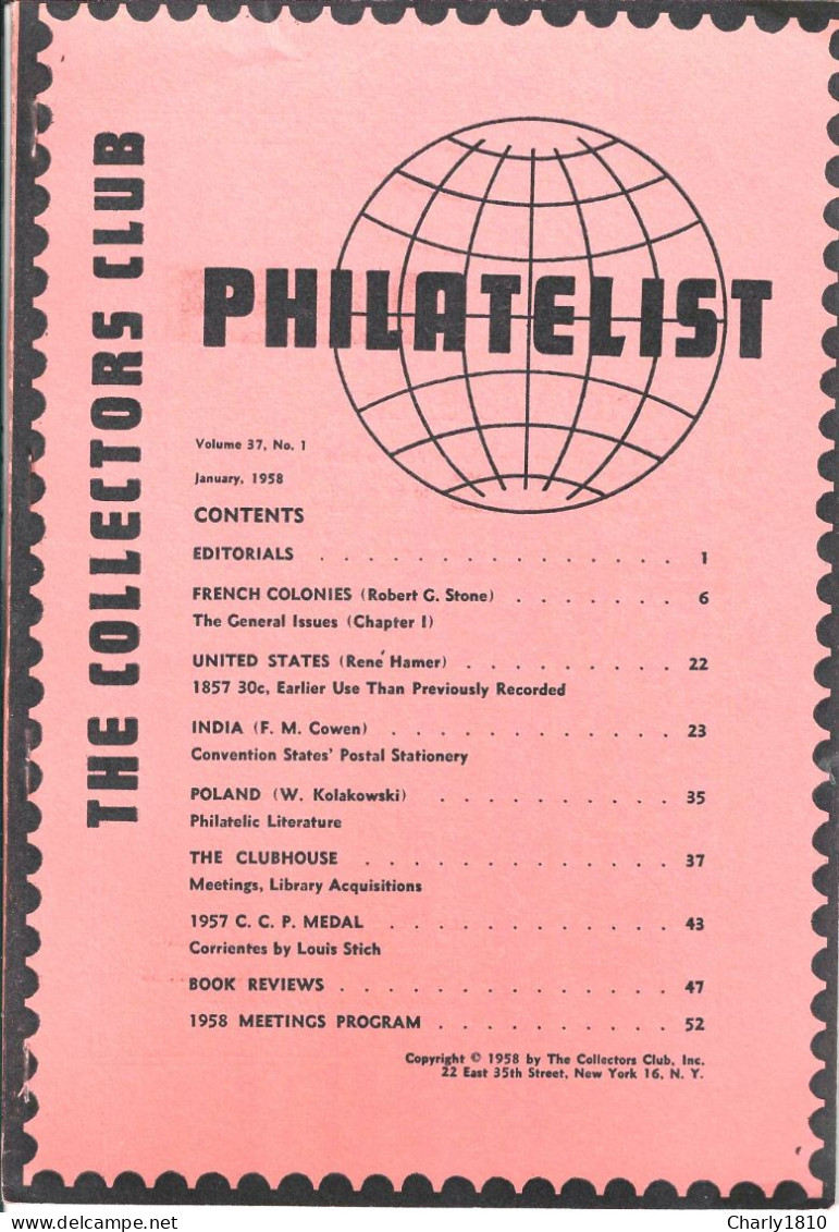The Collectors Club - Volume 37,  No 1  January 1958 - Philatélie Et Histoire Postale