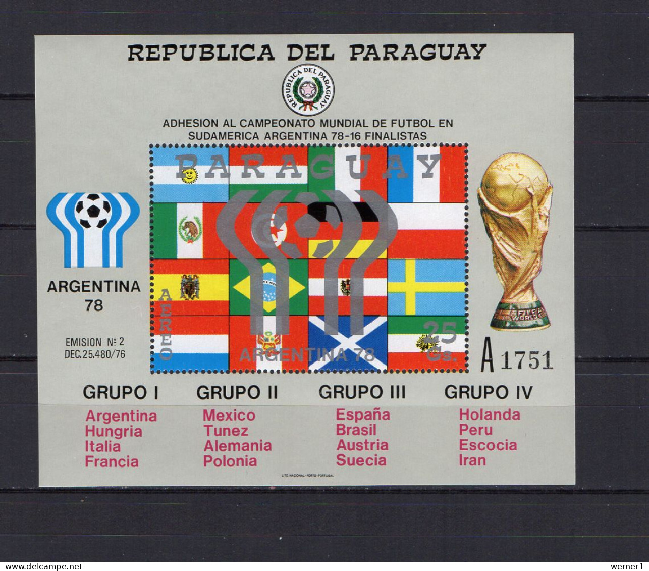 Paraguay 1978 Football Soccer World Cup S/s With "A" Number MNH - 1978 – Argentine