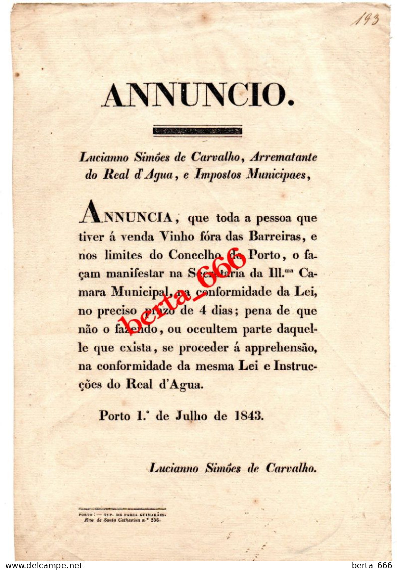 Anúncio * Real D'Agua E Impostos Municipais * Porto 1843 * Venda De Vinhos Fora De Barreiras * Documento Original - Documents Historiques