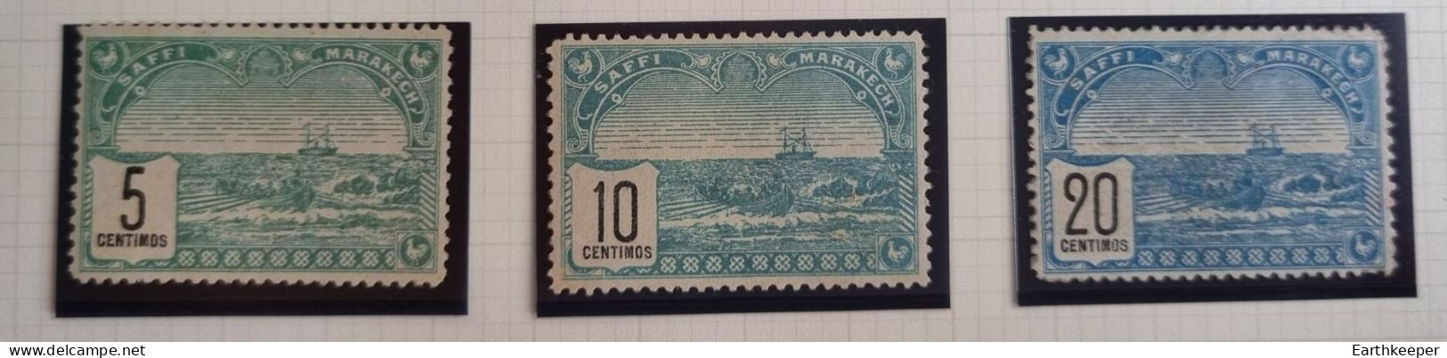 TIMBRE MAROC POSTE LOCALE 1899 SAFI A MARRAKECH DENTELE 13 CHIFFRES MINCES N°98, 99 & 100 - Sellos Locales