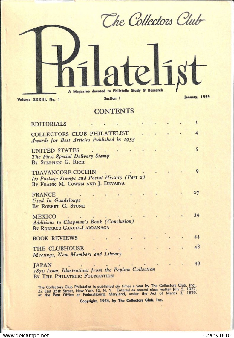 The Collectors Club - Volume XXXIII  No 1 January 1954 - Colonies Et Bureaux à L'Étranger