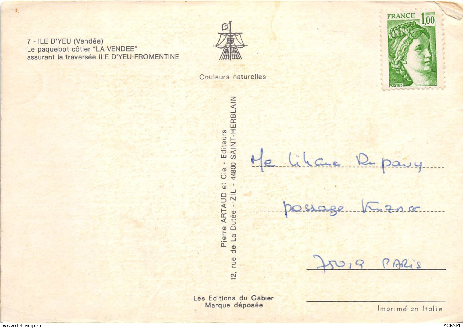 Ile D'YEU Le Paquebot Cotier La Vendée  18   (scan Recto-verso) OO 0914 - Ile D'Yeu