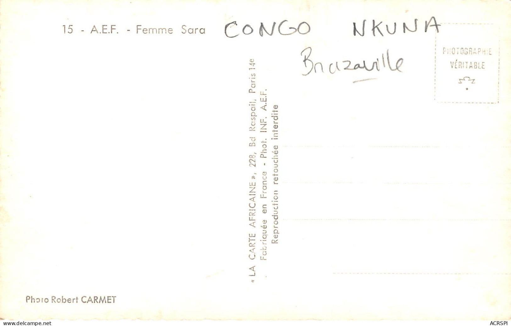 CONGO FRANCAIS  Brazzaville Nkuna Femme SARA AEF Carte Vierge  (scan Recto-verso) OO 0970 - Französisch-Kongo