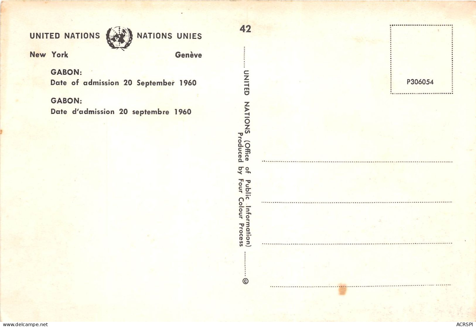 GABON United Nations 1960 Carte 3 New York  Nations Unies  (scan Recto-verso) OO 0961 - Gabon