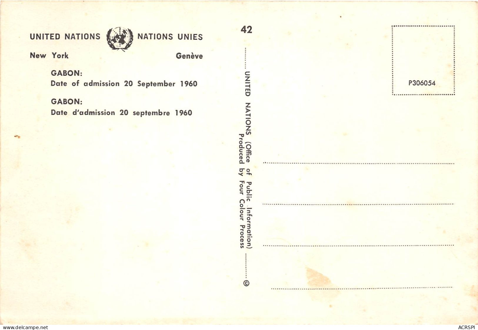 GABON United Nation 1960 Carte 2 Nations Unies  (scan Recto-verso) OO 0961 - Gabun