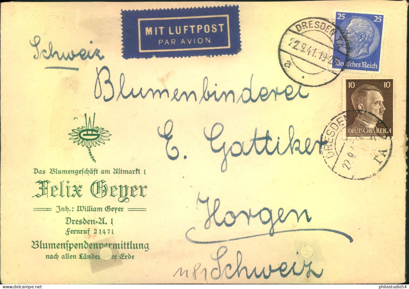 1941, Auslands-Luftpostbrief Ab Dresden In Die Schweiz - Briefe U. Dokumente