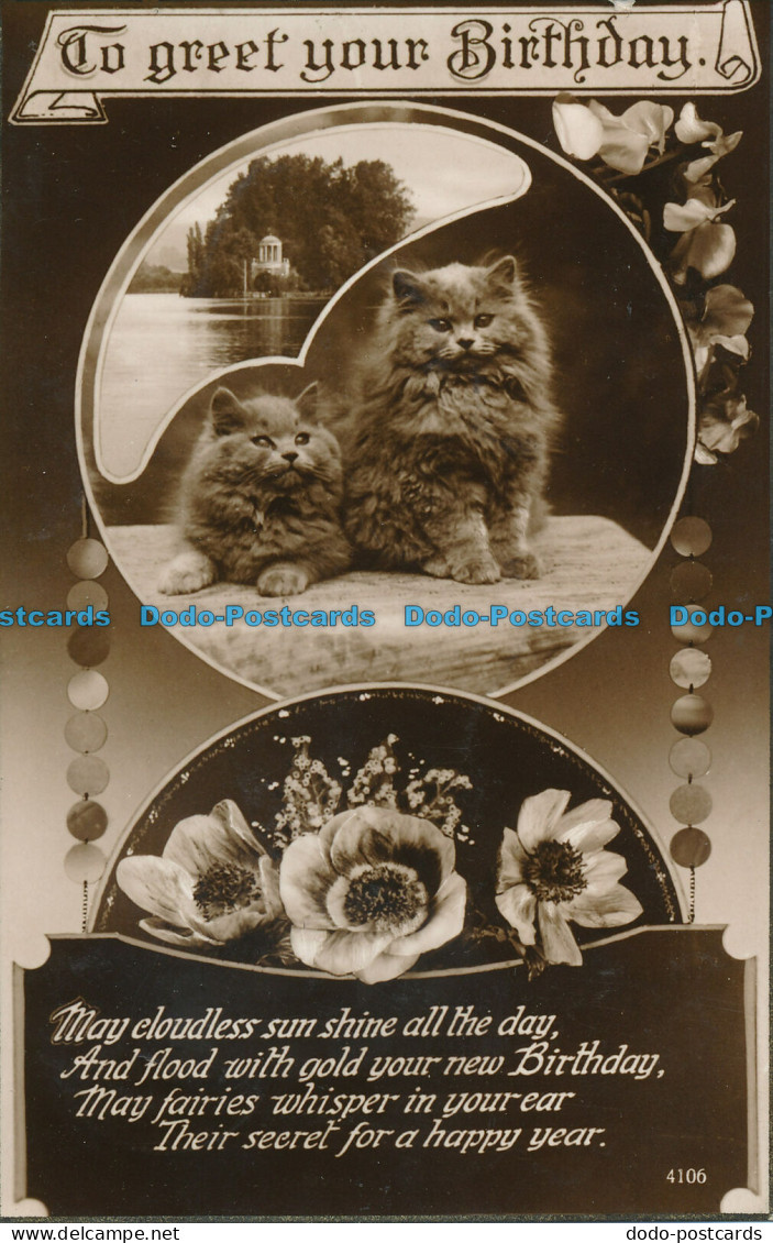 R061272 To Greet Your Birthday. Kittens. Flowers And Poem. RP. 1933 - World