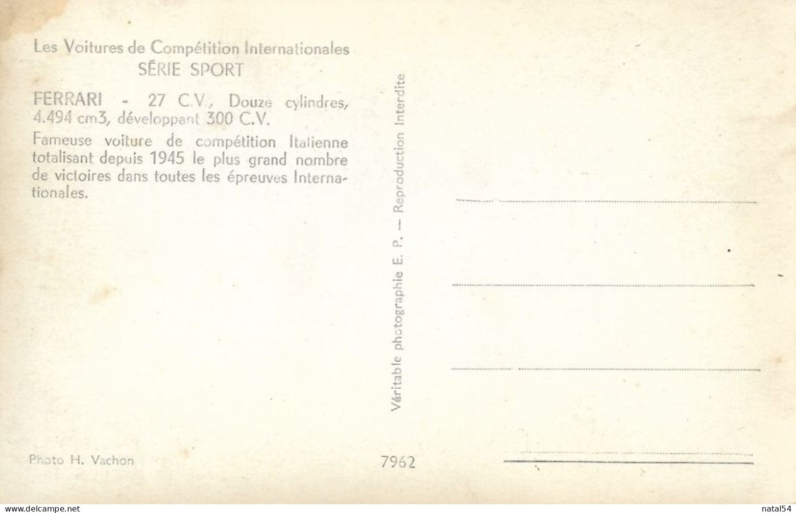 Les Voitures De Compétition Internationales : FERRARI - 27 C.V , 12 Cylindres, 4.494 Cm3 - CPM Au Format 9 X 14 Neuve - Andere & Zonder Classificatie