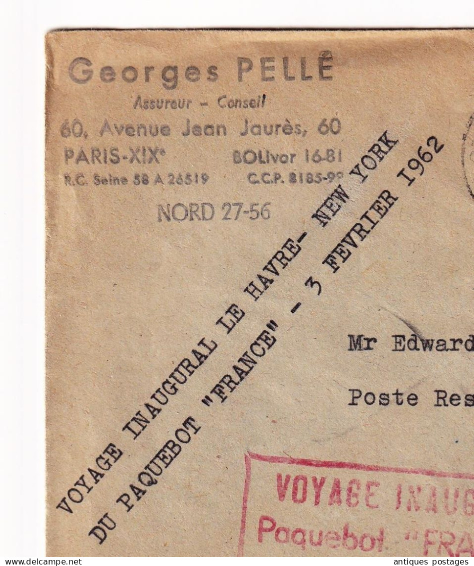 Lettre 3 Février 1962 Paris Voyage Inaugural Paquebot France Le Havre New York U.S.A. - Brieven En Documenten