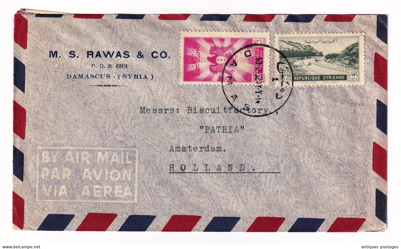Lettre Damas Damascus Syrie Syria Amsterdam Holland M.S. RAWAS & CO Biscuitfactory Patria 1952 - Syrië