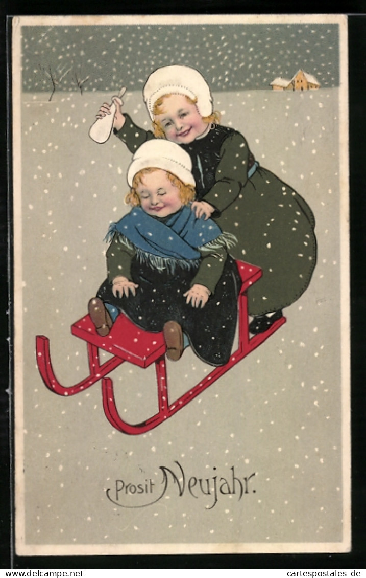 AK Zwei Kinder Auf Einem Schlitten Bei Schnee, Neujahrsgruss  - Sports D'hiver