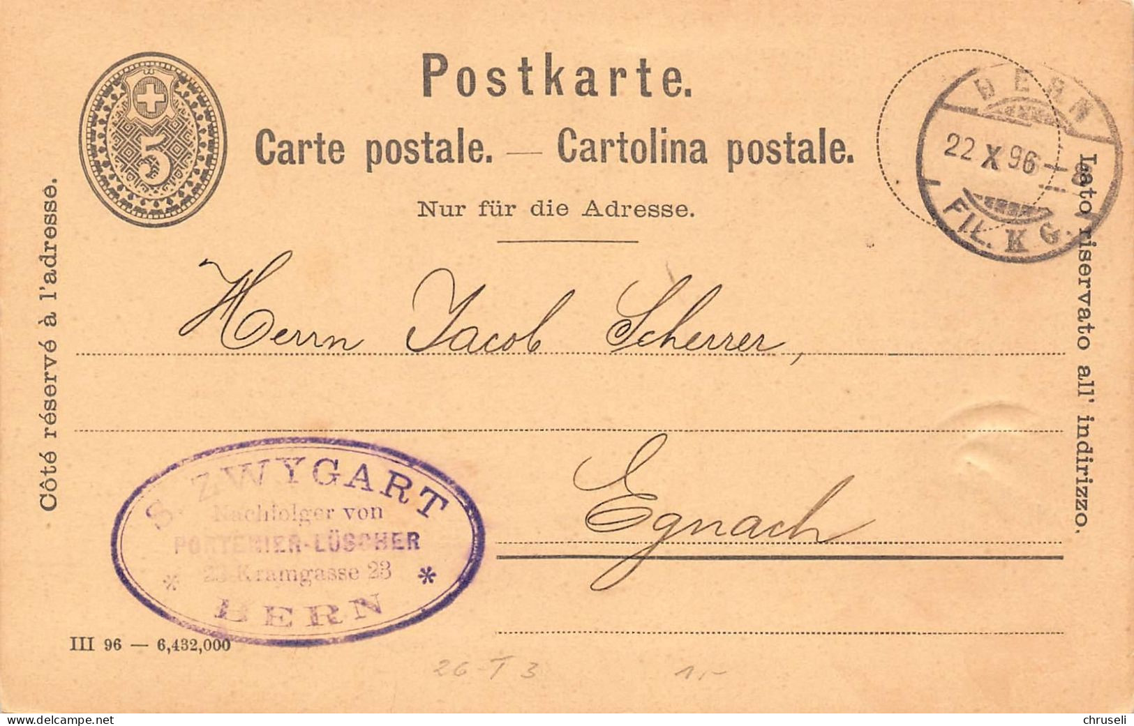 Bern S. Zwygart Portenier -Lüscher Firmen Gewerbestempel Besonderheiten - Enteros Postales