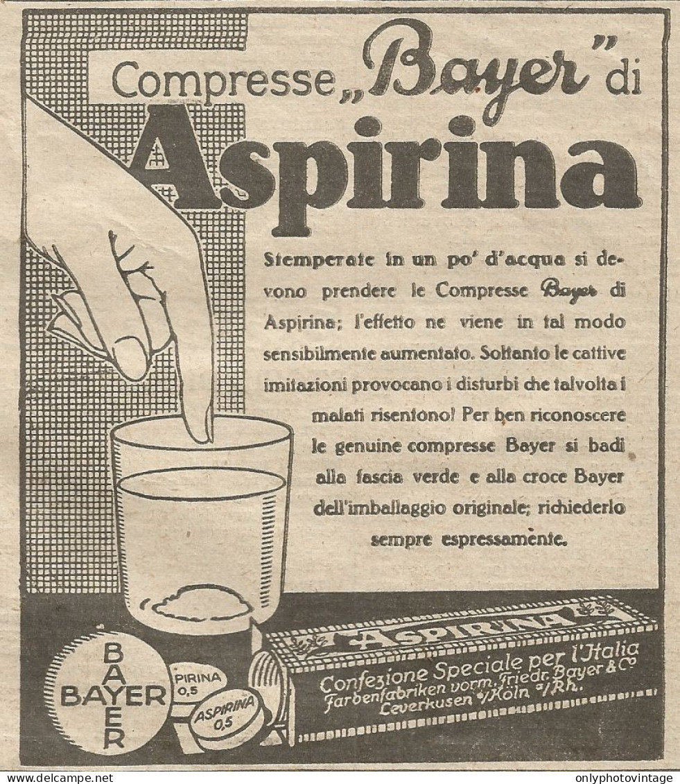 W1105 Compresse Bayer Di Aspirina - Pubblicità 1926 - Vintage Advert - Advertising