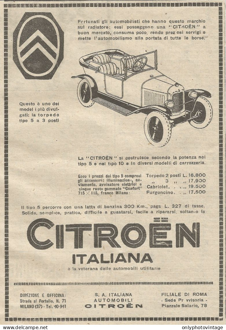 W1086 Citroen Italiana - Pubblicità 1926 - Advertising - Advertising