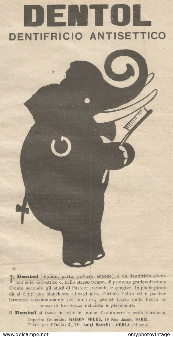 W1058 Dentifricio Antisettico DENTOL - Elefante - Pubblicità 1926 - Advertising - Advertising
