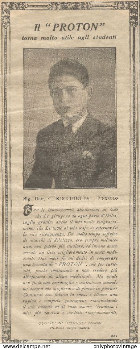 W1037 PROTON - Guglielmo Cotronei - Fiumara - Pubblicità 1926 - Advertising - Advertising