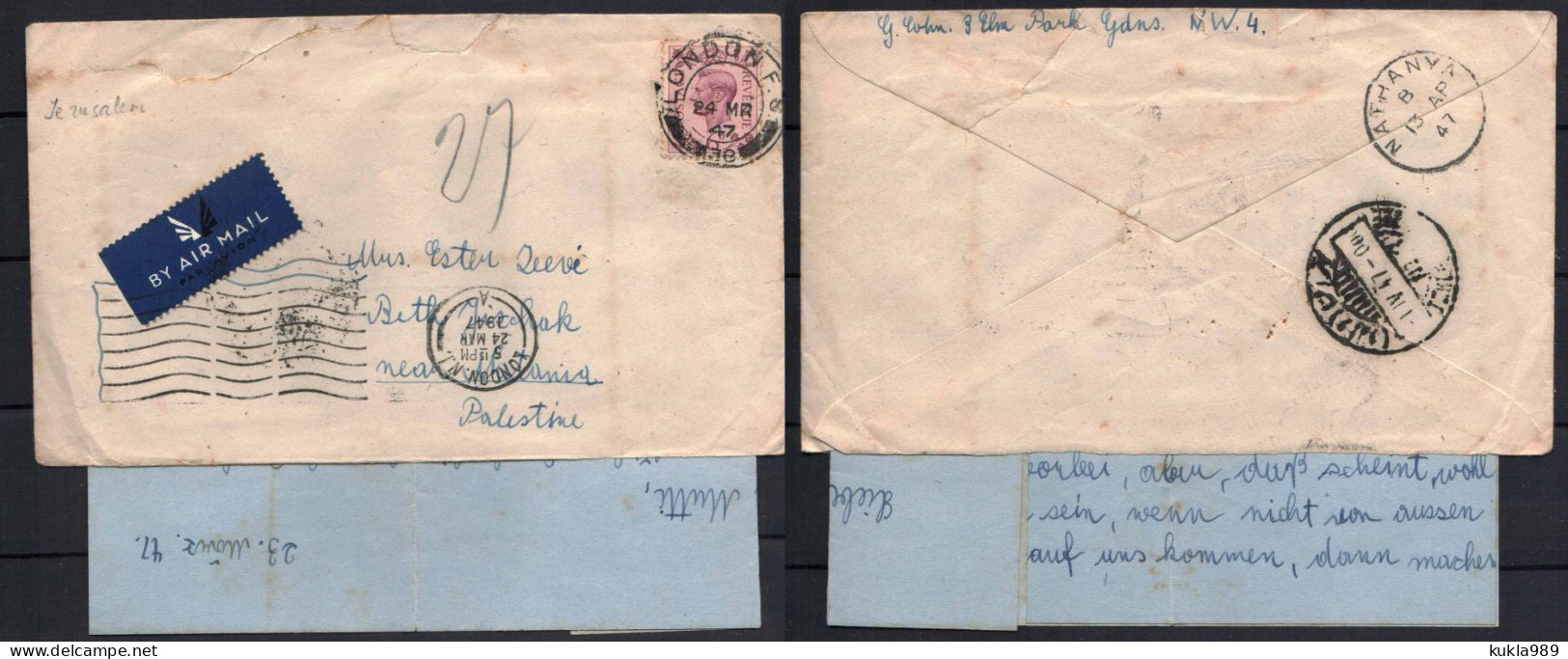 JUDAICA GB STAMPS.  1954 COVER + LETTER (YIDDYSH)TO GERMANY - Storia Postale