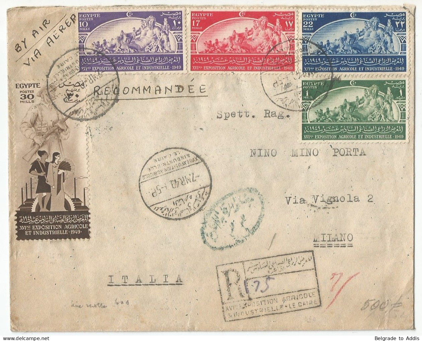 Egypt Air Mail Registered Cover Sent To Belgium 1949 Special Cancels Of Exhibition Exposition - Covers & Documents