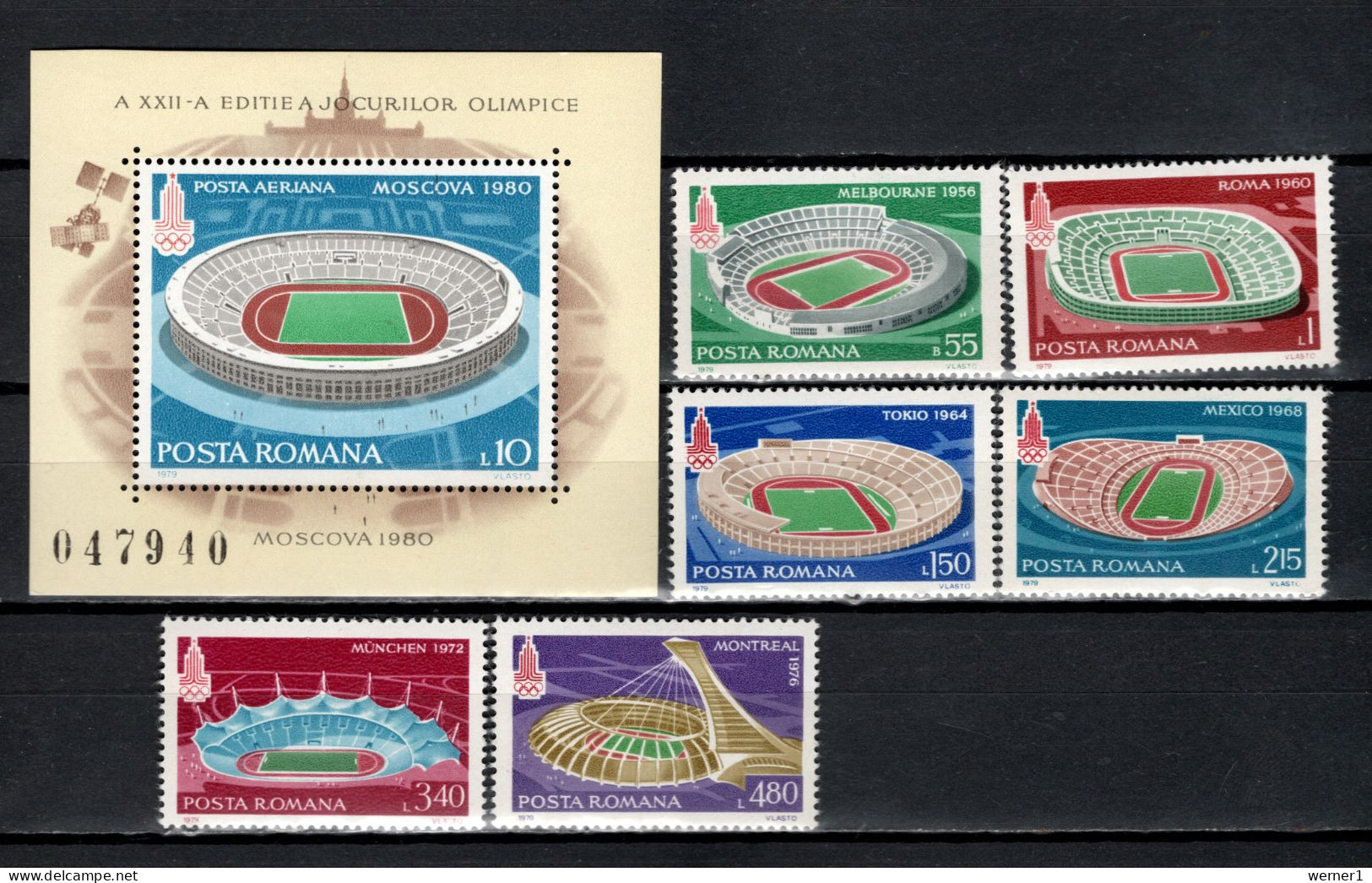 Romania 1979 Football Soccer Stadiums, Olympic Games Moscow Set Of 6 + S/s MNH - Ungebraucht