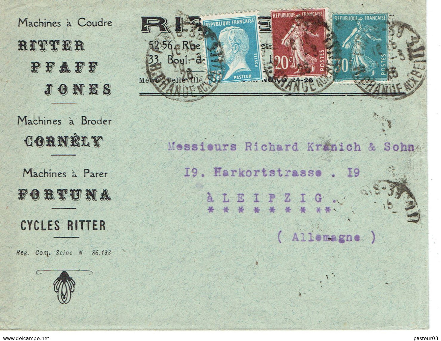 Tarifs Postaux Etranger Du 01-02-1926 (05) Pasteur N° 177 75 C. + Semeuse 20 C. + 30 C. Lettre 20 G. 20-03-1926 - 1922-26 Pasteur