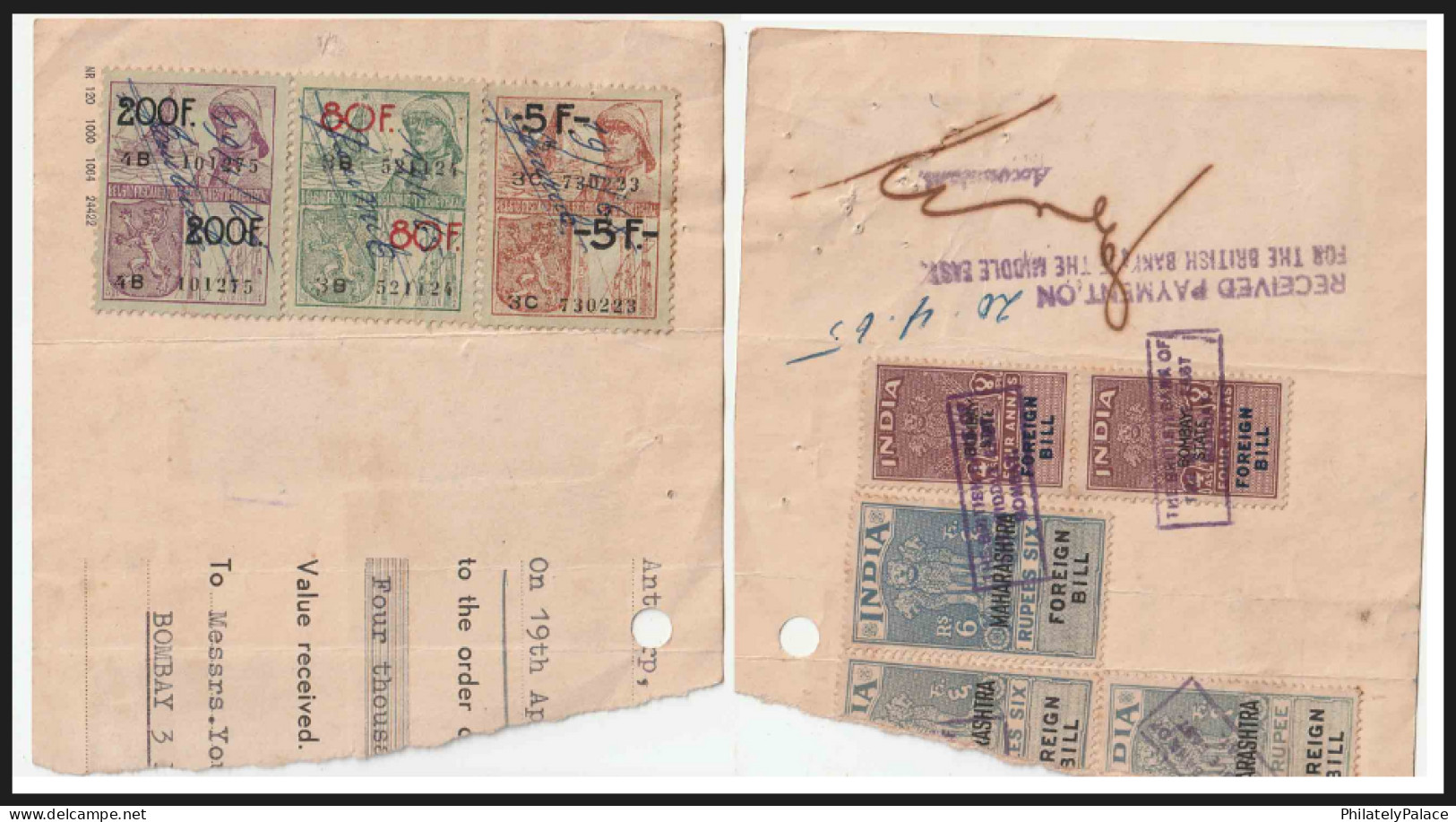 BELGIUM INDIA 1965 Combination Revenue On Piece (3) FOREIGN BILLS Revenue,Overprinted Numbered'80'F'0" (**) Inde Indien - Bills Of Exchange