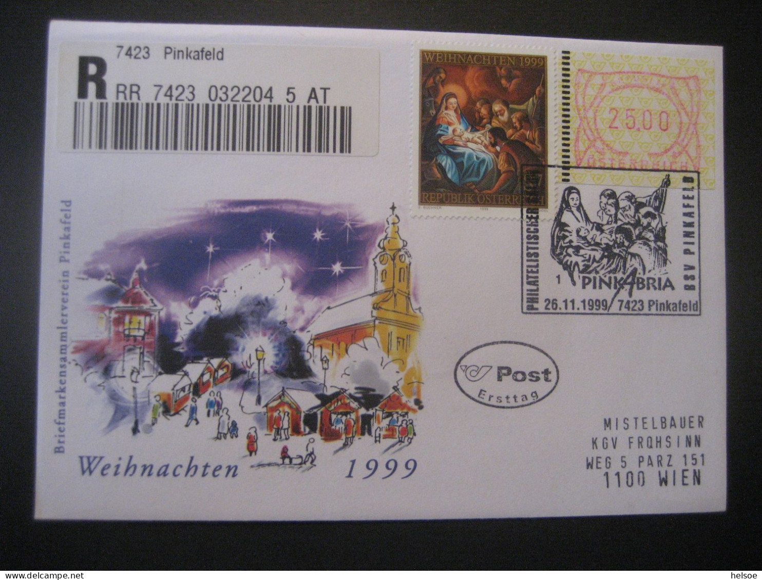 Österreich- Sonder-Beleg Weihnachten 1999 Pinkafeld, Einschreiben Mit Automatenmarke MiNr. 3 Und FDC 2301 - Automaatzegels [ATM]