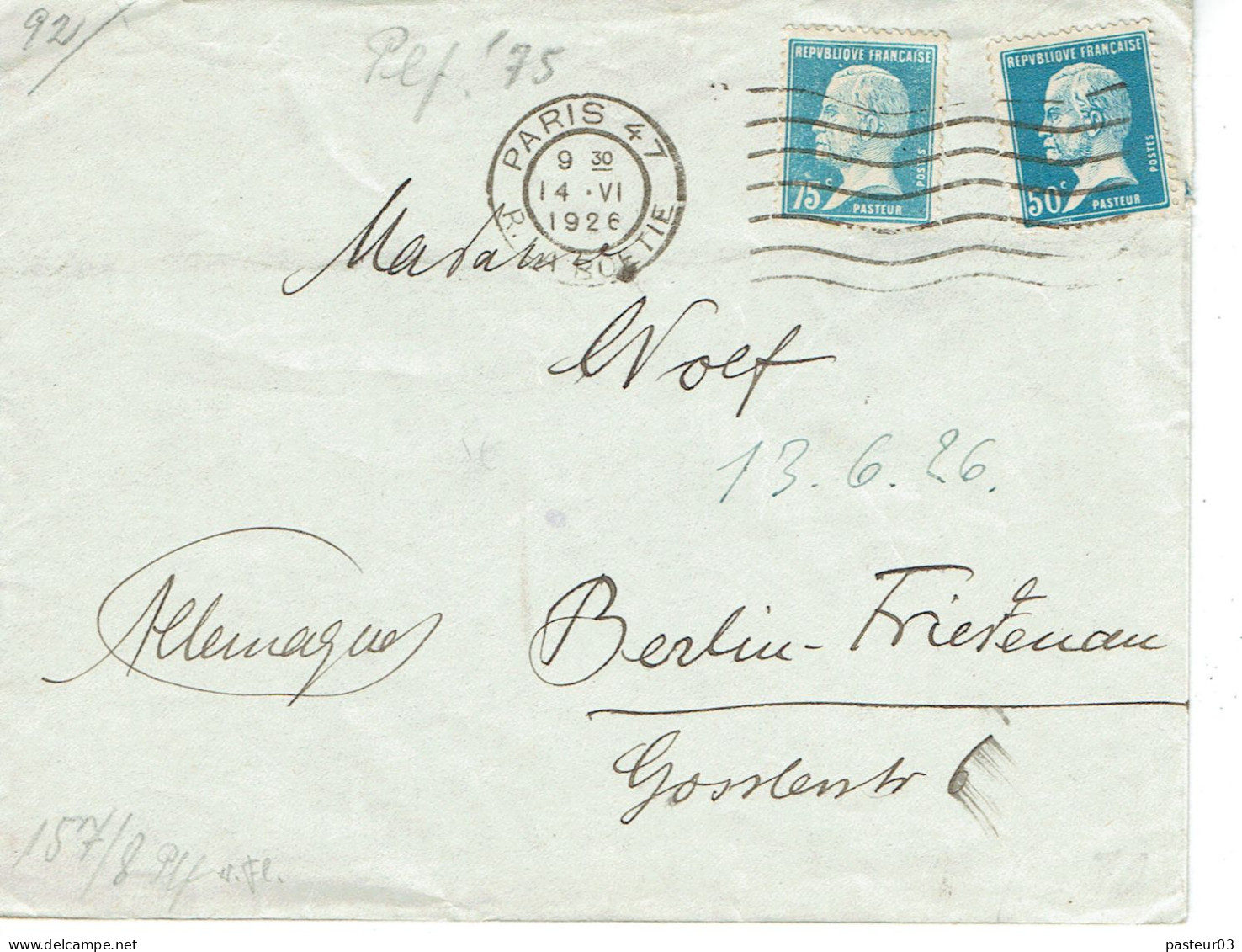 Tarifs Postaux Etranger Du 01-02-1926 (10) Pasteur N° 177 75 C. + Pasteur N° 176 50 C.   Lettre 20 G. 14-06-1926 - 1922-26 Pasteur