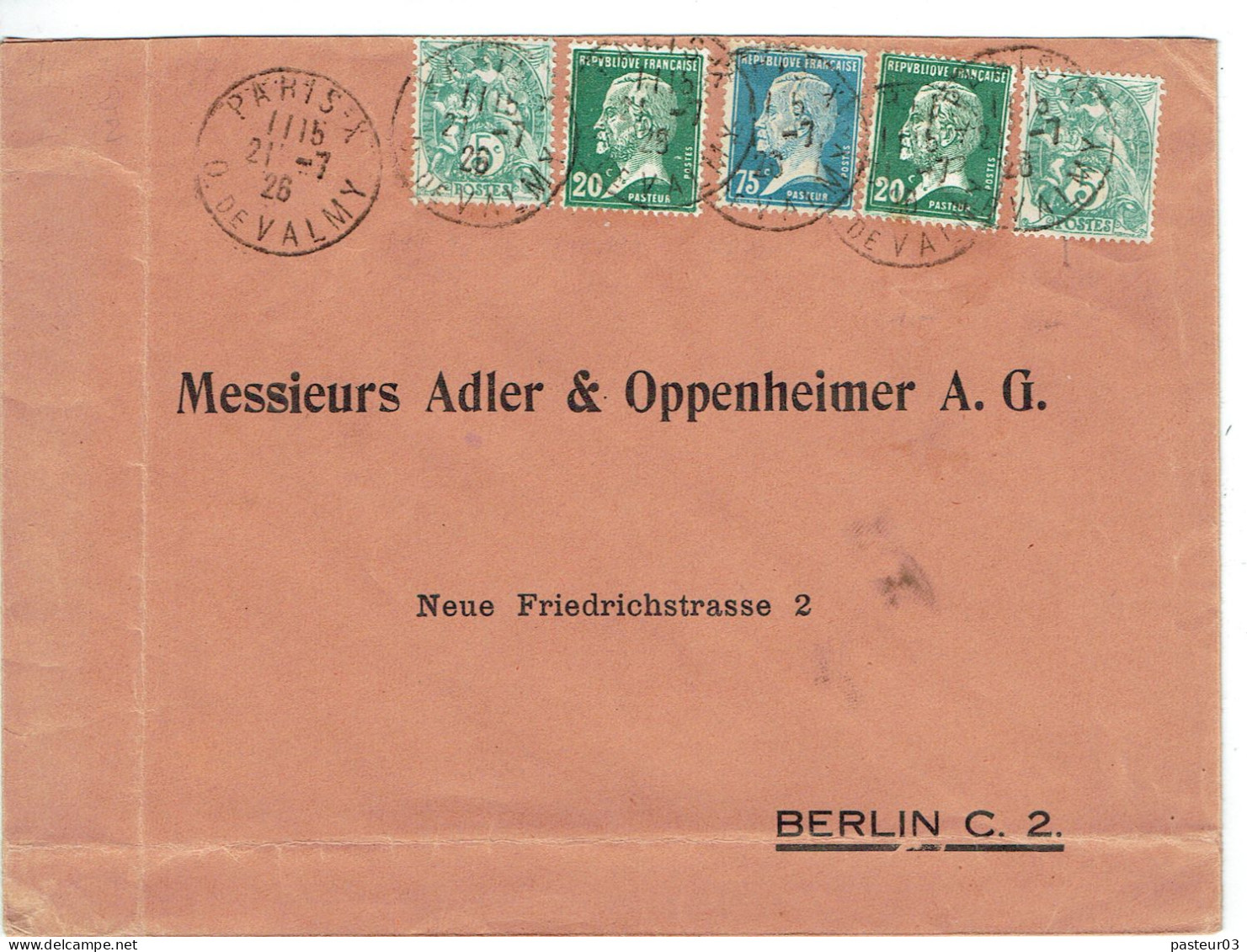 Tarifs Postaux Etranger Du 01-02-1926 (14) Pasteur N° 177 75 C. + Pasteur N° 172 20 C. +  Blanc 5 C. Lettre 20 G. 21-07- - 1922-26 Pasteur