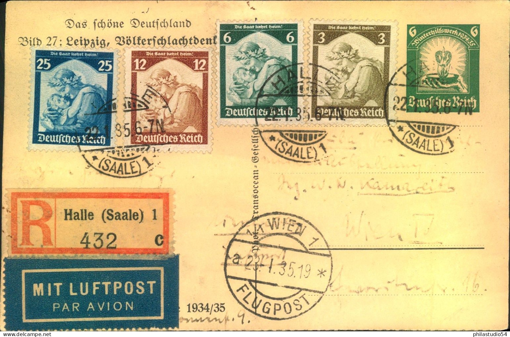 1935, Saaarabstimmung Komplett Auf R-Lufzpostkarte Ab HALLE / Saale - Briefe U. Dokumente