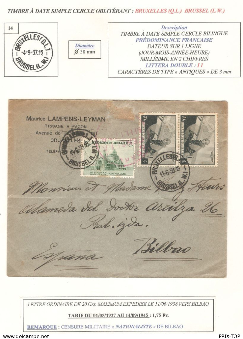 TP 468 (2) - 472 S/L. Maurice Lampens-Leyman Obl. BXL QL 11/6/38 > Bilbao Censure 'NATIONALISTE' & C. D'arrivée - Storia Postale