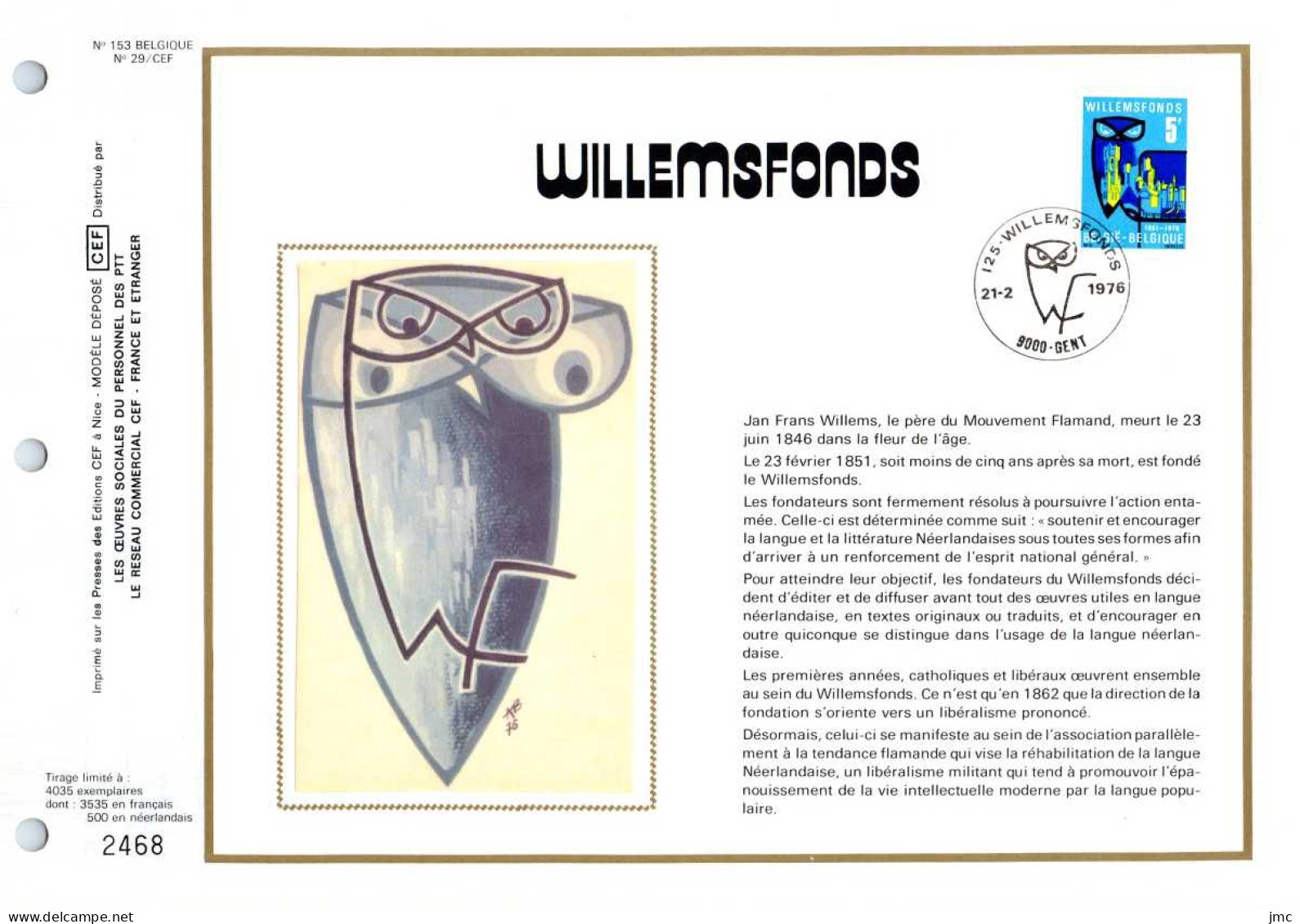 Belgique - Feuillet CEF SOIE ZIJDE 1796 - 21/02/1976 - Willemsfonds - 1971-1980