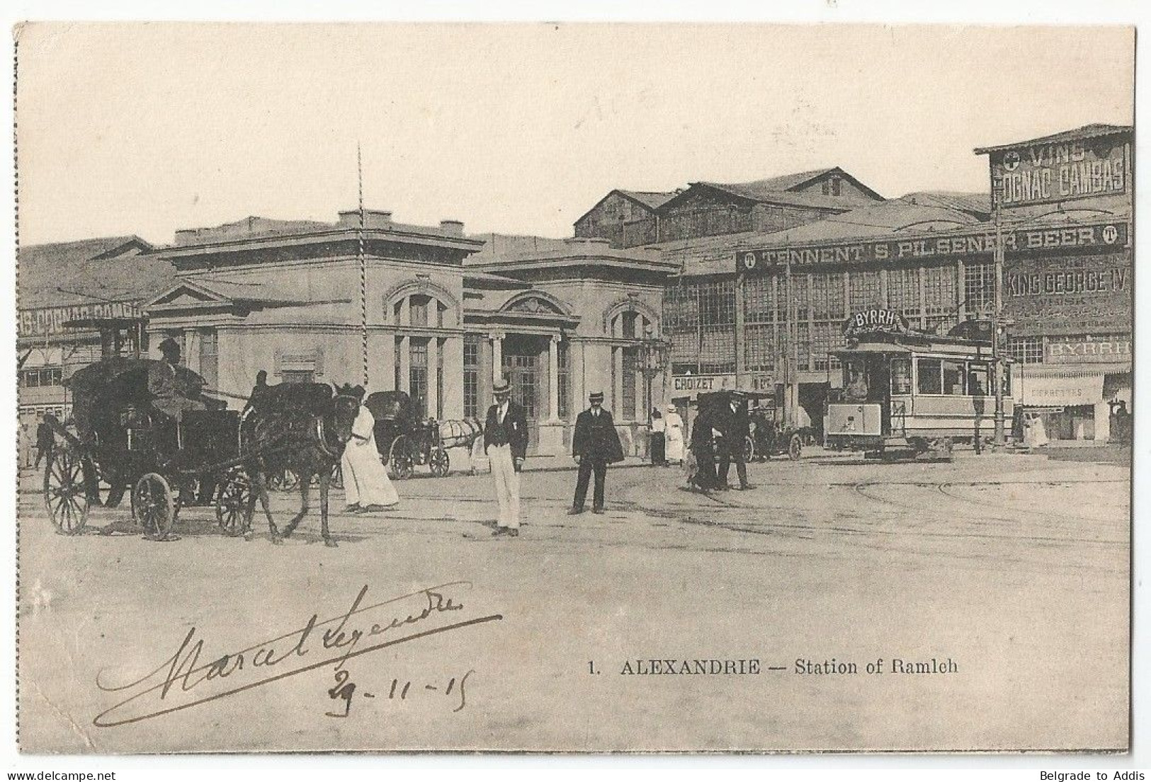 Egypt Postcard Alexandria 1915 Station Of Ramleh Tramways Cars Carriages Horses - Alexandrië