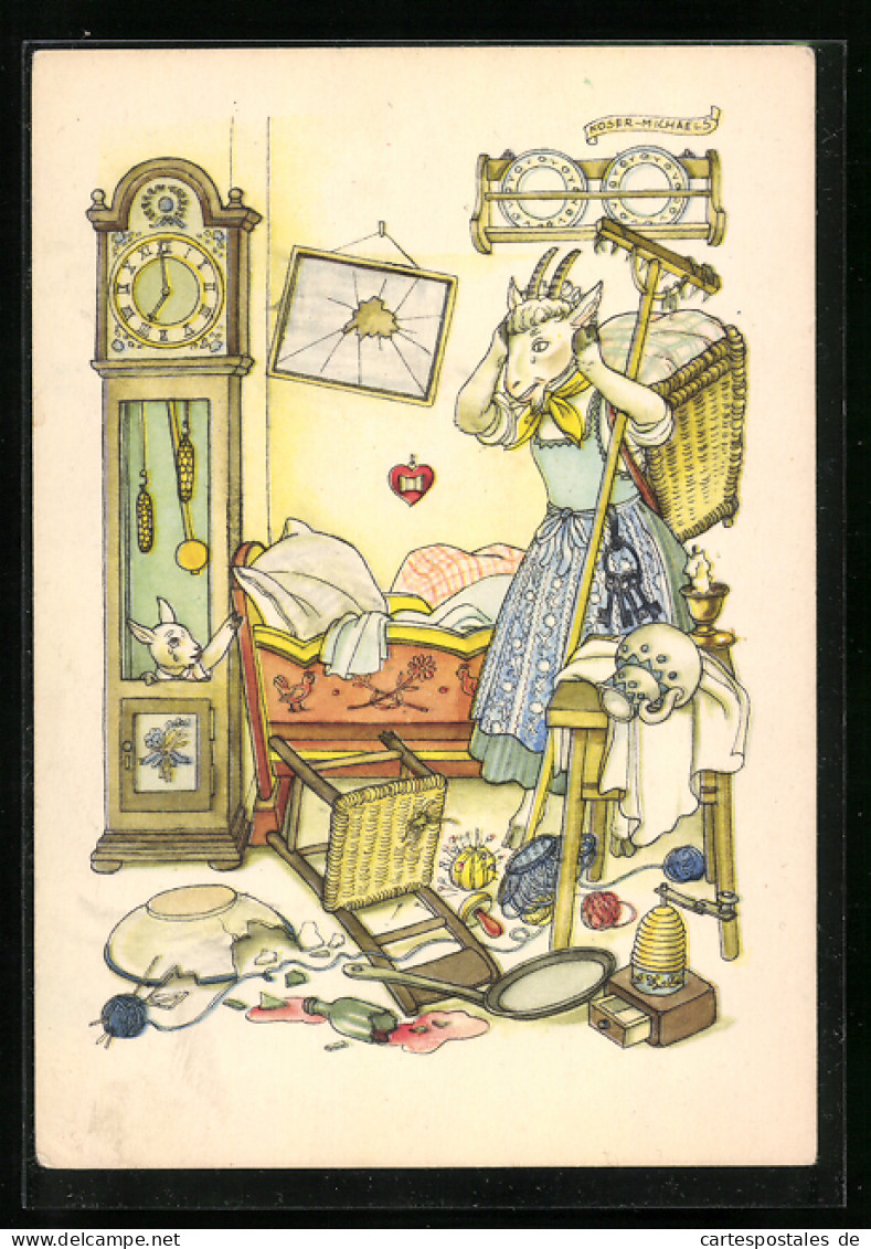 Künstler-AK Der Wolf Und Die Sieben Geisslein, Nr. 4 Nur Das Siebente Geisslein Ist..., Reklame Indanthren  - Fairy Tales, Popular Stories & Legends