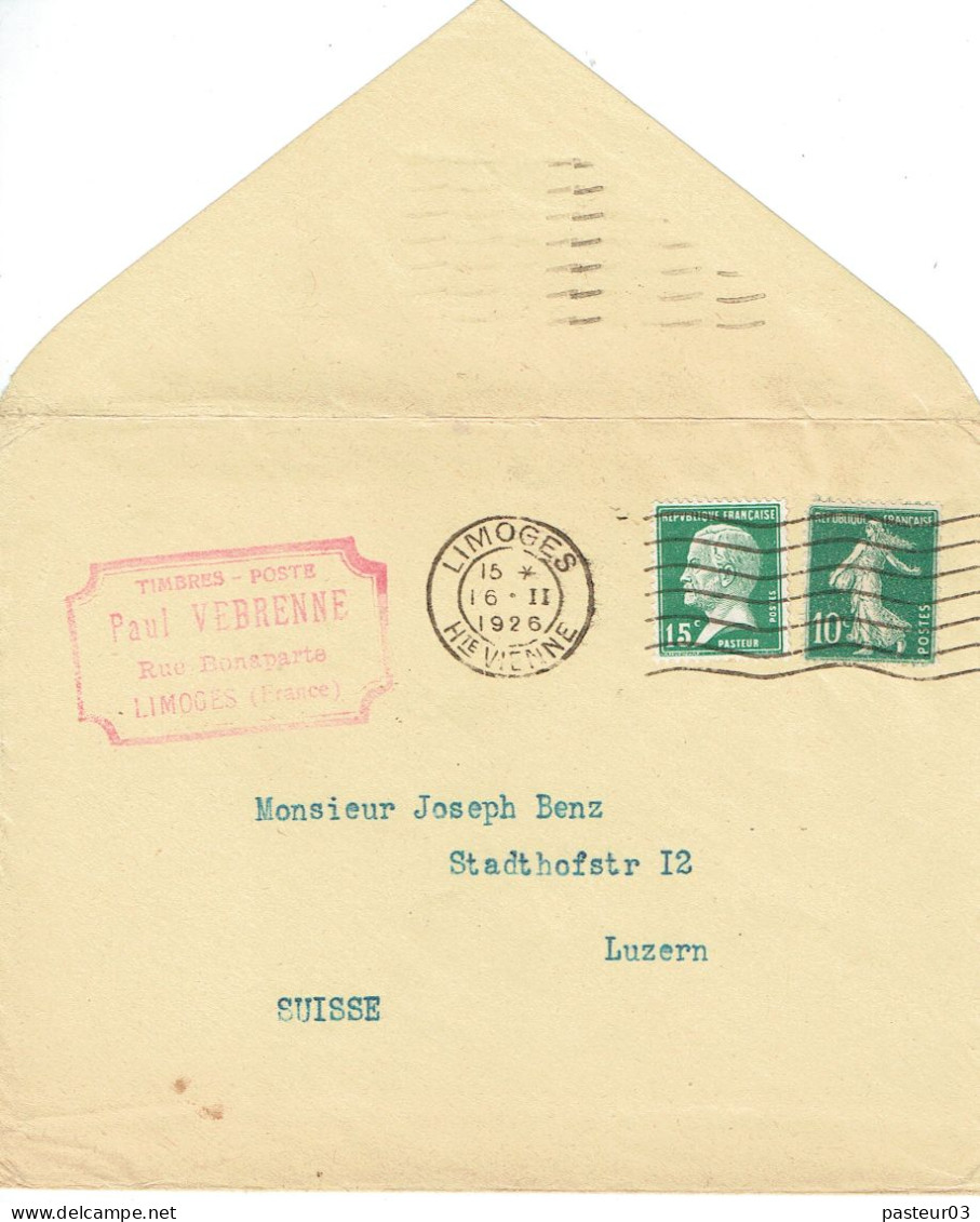 Tarifs Postaux Etranger Du 01-02-1926 (30) Pasteur N° 170 10 C.+ Semeuse 10 C.  Imprimés 50 G 16-02-1926 - 1922-26 Pasteur